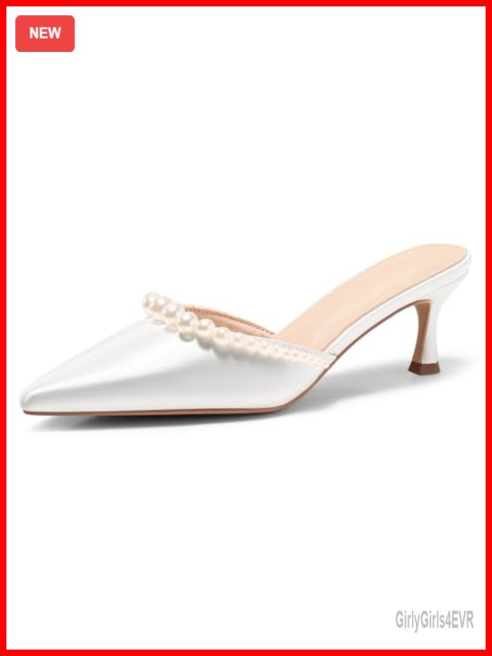 Pearl Kitten Heel Pointed Toe Satin Pumps Ankle Strap Wedding Dress Shoes
